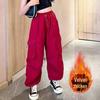 Girls' Autumn/Winter Velvet Cargo Sweatpants with Big Pockets - Trendy and Warm Style