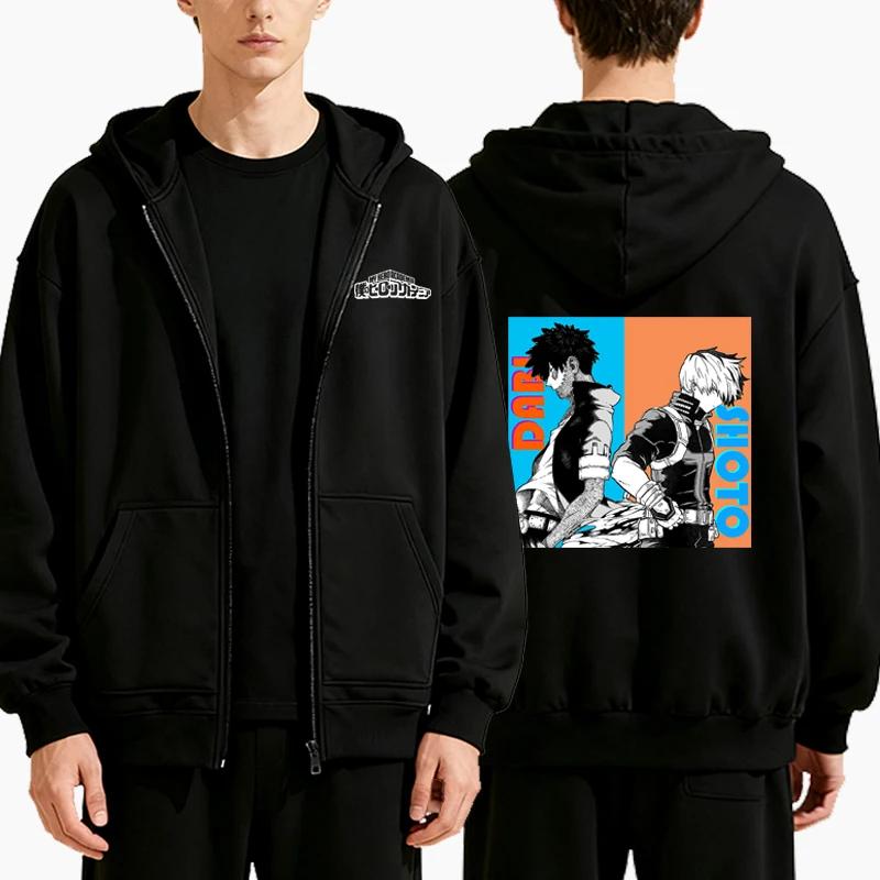 Мужская Мода Повседневная Аниме Принт Толстовка на Молнии Осень Зима Мужская Панк Толстовка с Длинным Рукавом Флисовая Толстовка на Молнии
