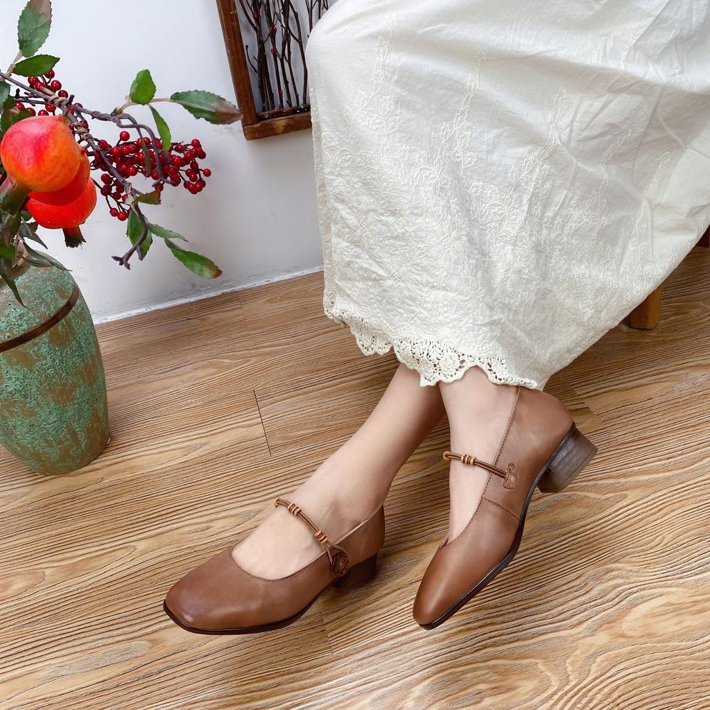 Johnature Женская обувь из натуральной кожи в стиле ретро, ​​удобные туфли-лодочки ручной работы с круглым носком и пряжкой на низком каблуке