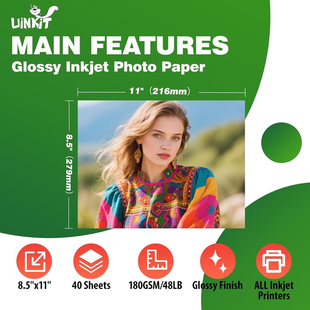 Uinkit 40 листов Ярко-белая односторонняя глянцевая фотобумага формата 8,5x11 (Letter) 180 г/м² 48 фунтов, быстросохнущая для струйной печати, устойчивая к смазыванию, профессиональная