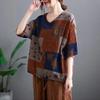 Ретро Принтованные Льняные Топы с Коротким Рукавом Летние Тонкие Повседневные Свободного Кроя Пузырчатый Хлопок и Лен Футболки с Сердечным Вырезом