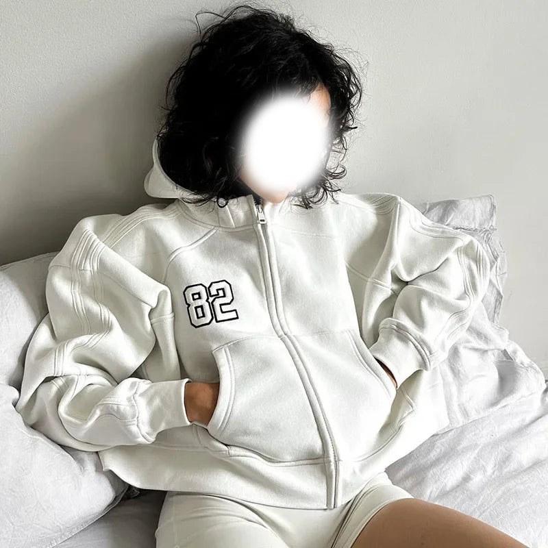 Womens Oversized Hooded Zip-Up Sweatshirt With Number Print Front Pockets Streetwear Casual Top