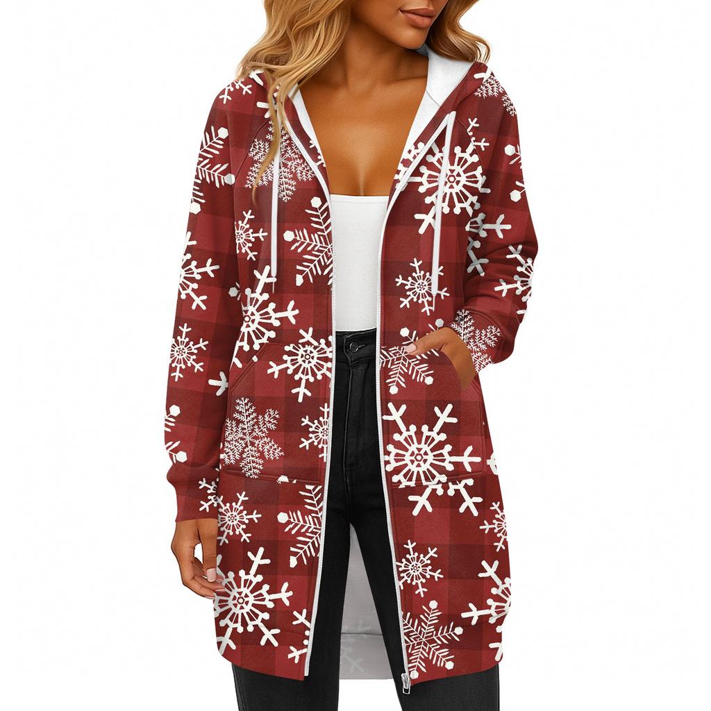 Women's Fashionable Christmas Printed Long Sleeved Drawstring Hooded Zipper Pocket Long Casual Sweatshirt Jacket