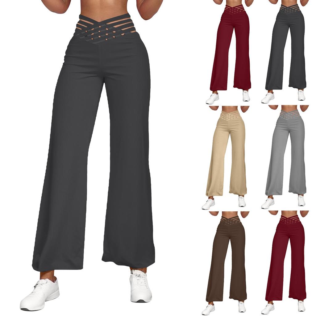 Women's Hollow Belt Trousers Temperament Flared Trousers High Waist Casual Wide Leg Pants