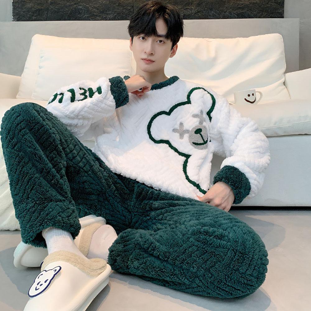 Мужской зимний пижамный комплект из утепленной фланели, теплая плюшевая пижама с рисунком медведя из мультфильма, удобная пижама с круглым вырезом для сна