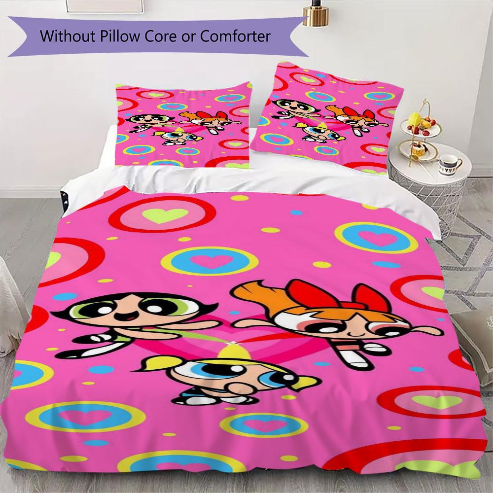 Cartoon Powerpuff Girls print children's duvet cover set, soft and skin-friendly, available in multiple sizes, bedroom bedding.