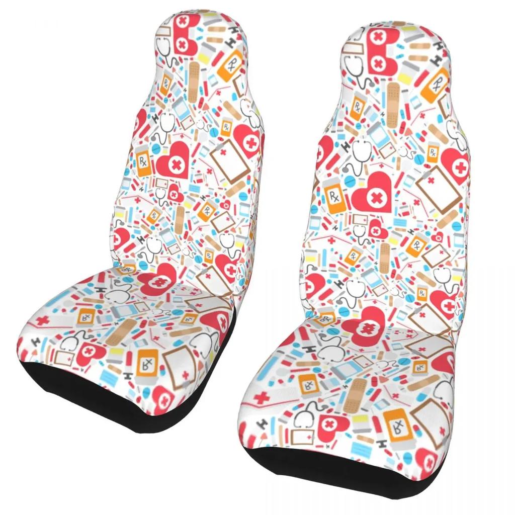 Шапка медсестры Узор сердечки Передний чехол на автосиденье для женщин Принт Чехлы для сидений для медсестер Подходят для любого грузовика, минивэна, дома на колесах, внедорожника 2 шт.