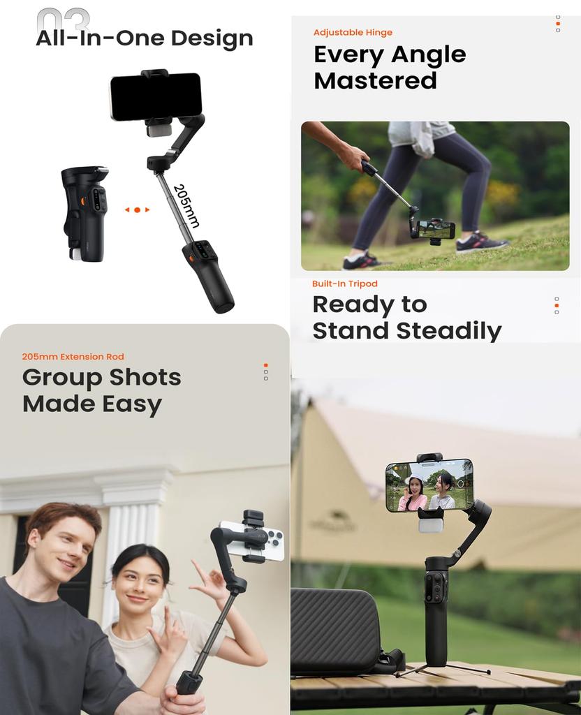 hohem X3 Smartphone Gimbal Stabilizer 3-Axis Magnetic Fill Light Detachable Remote 205mm Extension Rod Tripod Vlog TikTok iPhone Android