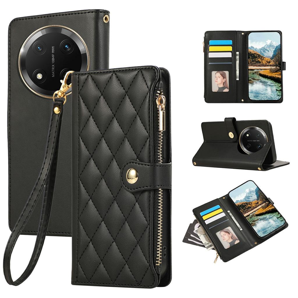 Phone Case For Honor X60 Pro 5G/X9c 5G/Magic7 Lite 5G Multi Card Slots Zipper Rhombus Leather Cover with Wrist Strap