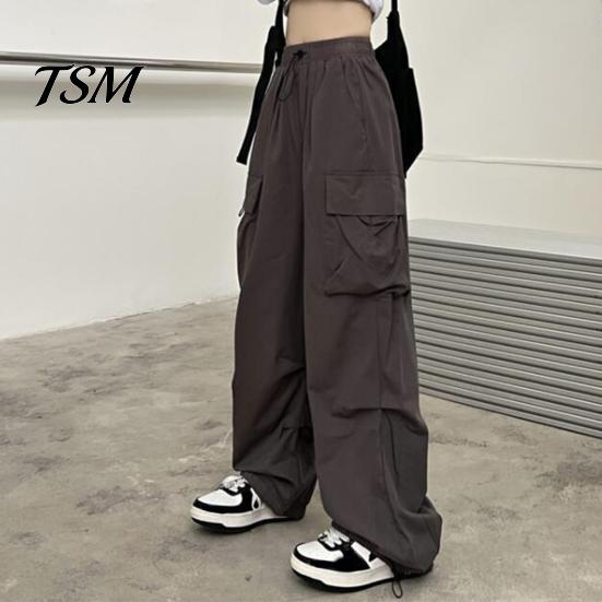 Trousers Women Cargo Pants Hip Hop Baggy Solid Color Multi Pockets Elastic Waist Match Top Loose Breathable Lady Clothes