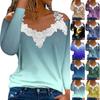 Fashionable Lace V-neck Pullover Long Sleeve Floral Print Top  Casual T-shirt