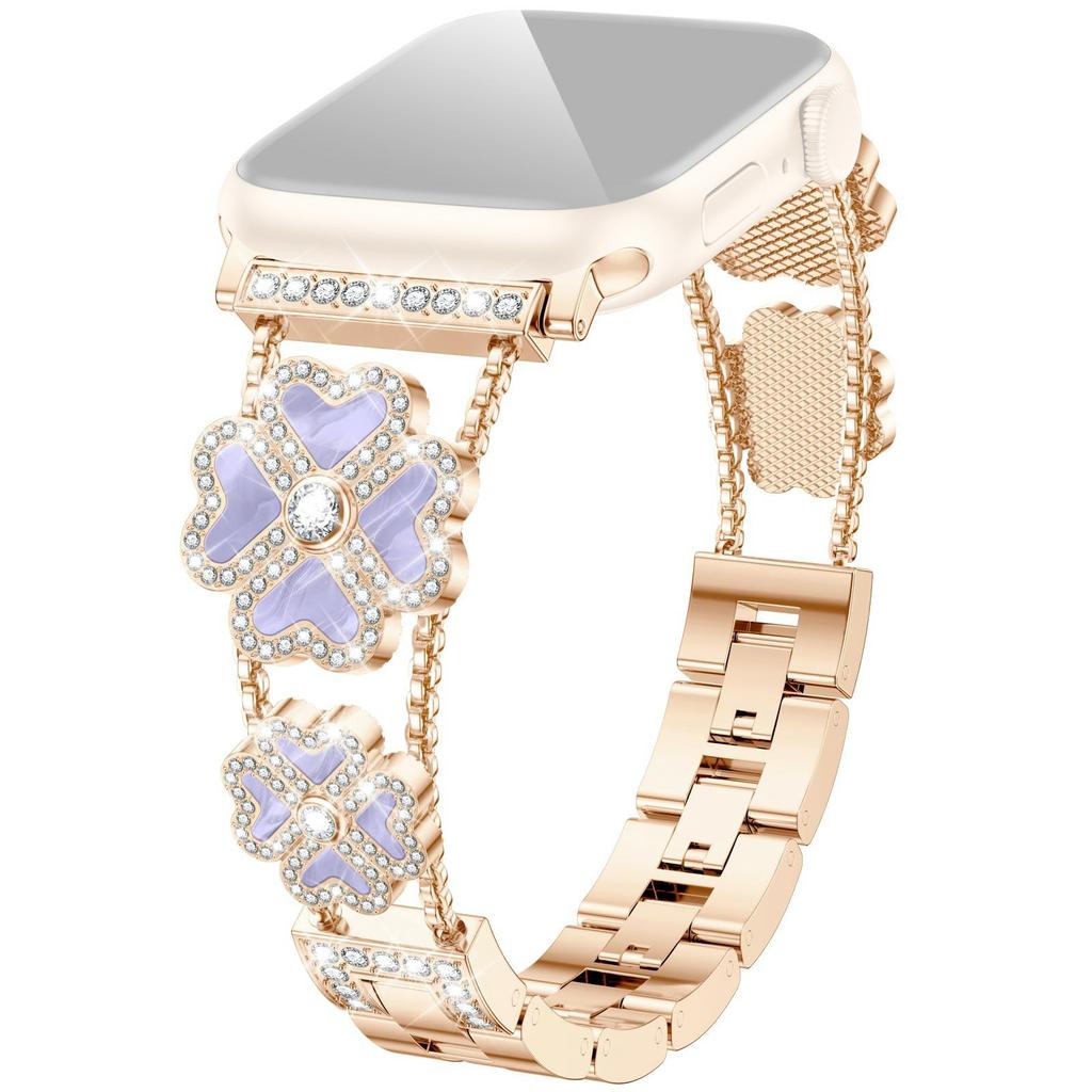 Metal Strap for Apple Watch Series 10 9 8 7 SE 6 5 4 3 2 1 42mm 41mm 40mm 38mm Heart Clover Rhinestone Decor Watch Band