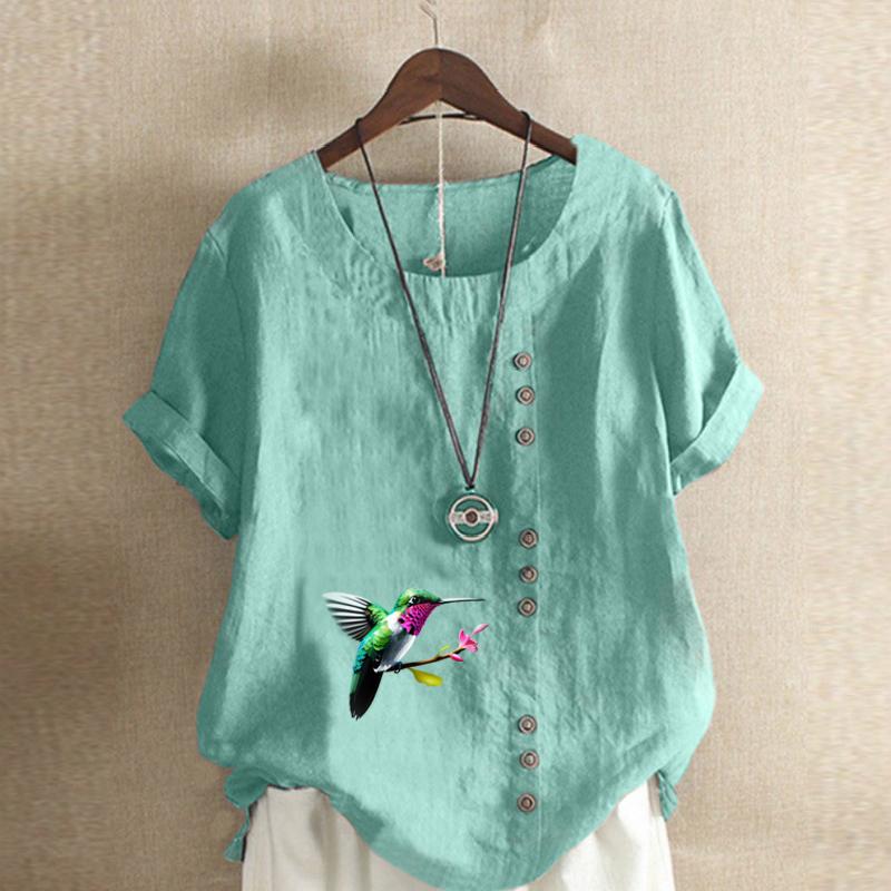 Women's Fashion Round Neck Short Sleeve T-shirt Casual Cotton Linen Graphic Shirt Bird Prined Summer Blouse Tops Plus Size