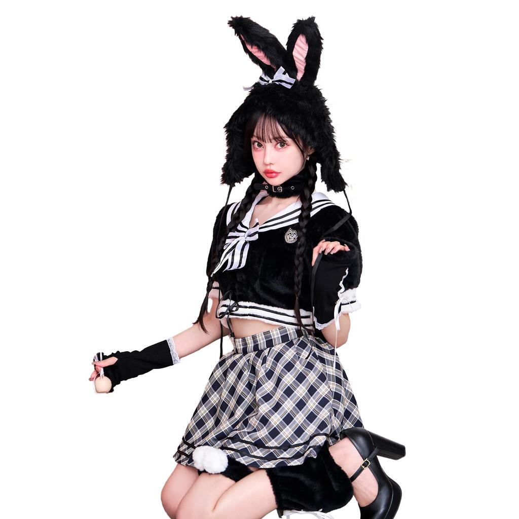 Cosplay Bunny Sailor Idol Fur Rabbit Ears Kemono Ears Rabbit Plush Animal Pink Black Costume Disguise Marie Moon 7 Piece Set 9950 [Malymoon] (Black)