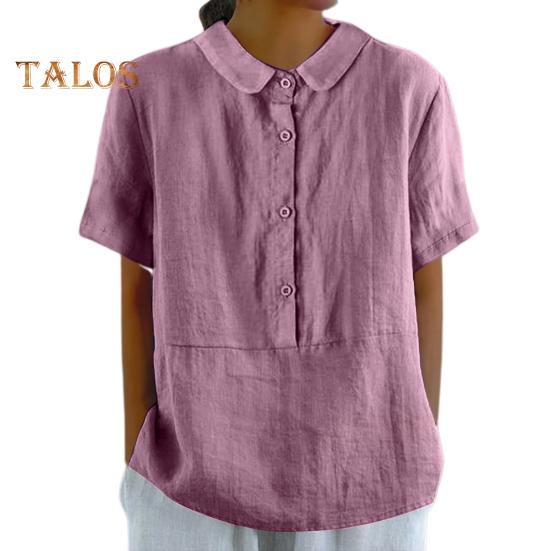 Женская повседневная рубашка с кукольным воротником и пуговицами, рубашка с коротким рукавом и однобортной однобортной однотонной рубашкой свободного покроя
