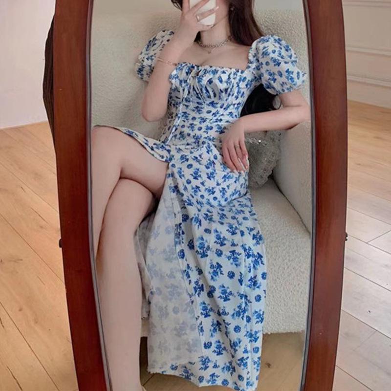 Women’s Blue Floral Summer Dress with Slit, One-Shoulder, Clavicle-Highlighting French Tea Break Style