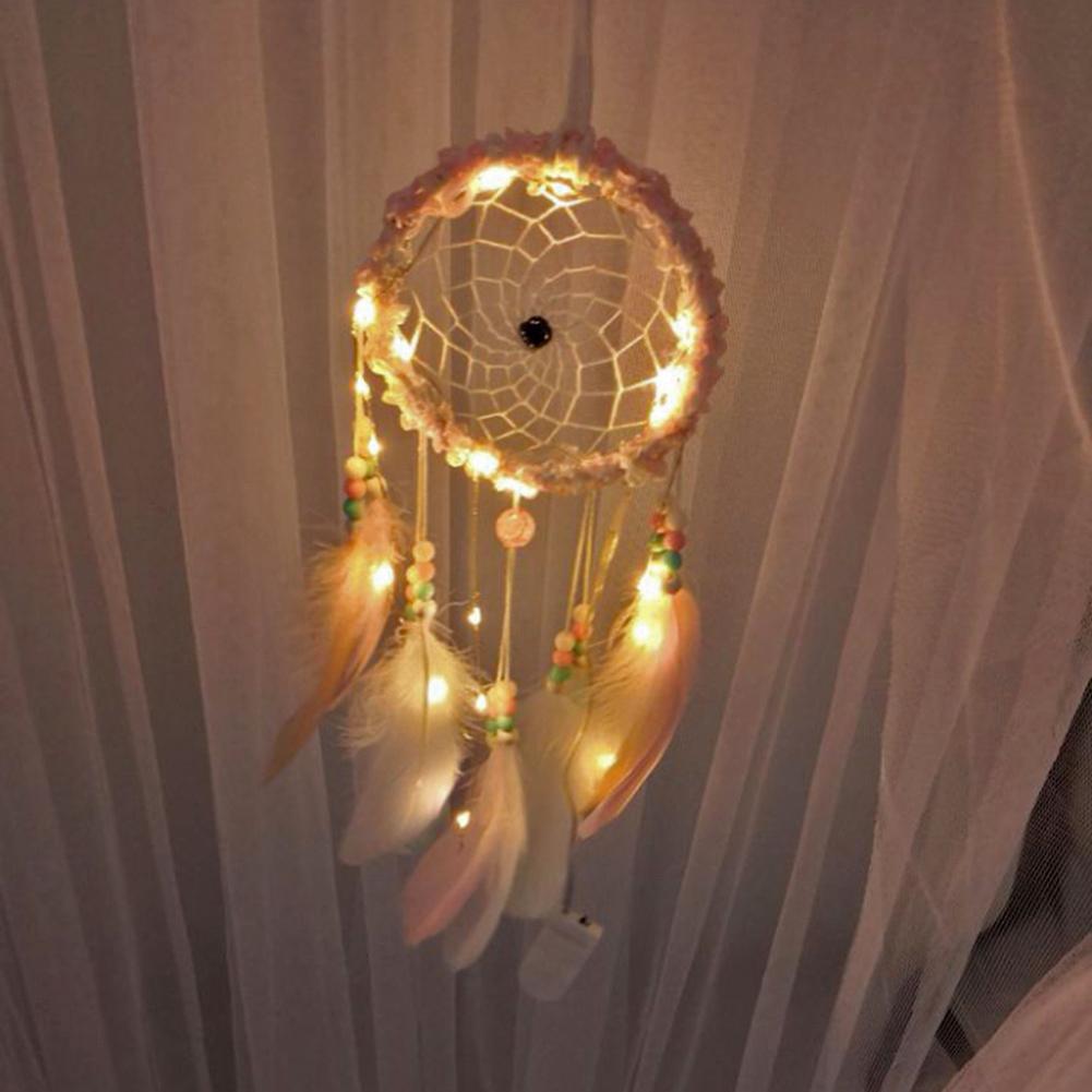 Creative Weaving Feather Wind Chime with Light Creative Home Pendant Gift Hanging Drop Feathers Dream Catcher Home Bedroom Decor