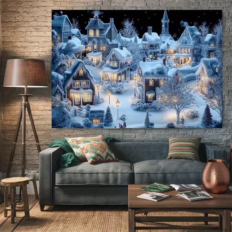 2D Flat Printing Christmas Backdrop, Snowy Houses & Street Lights Banner