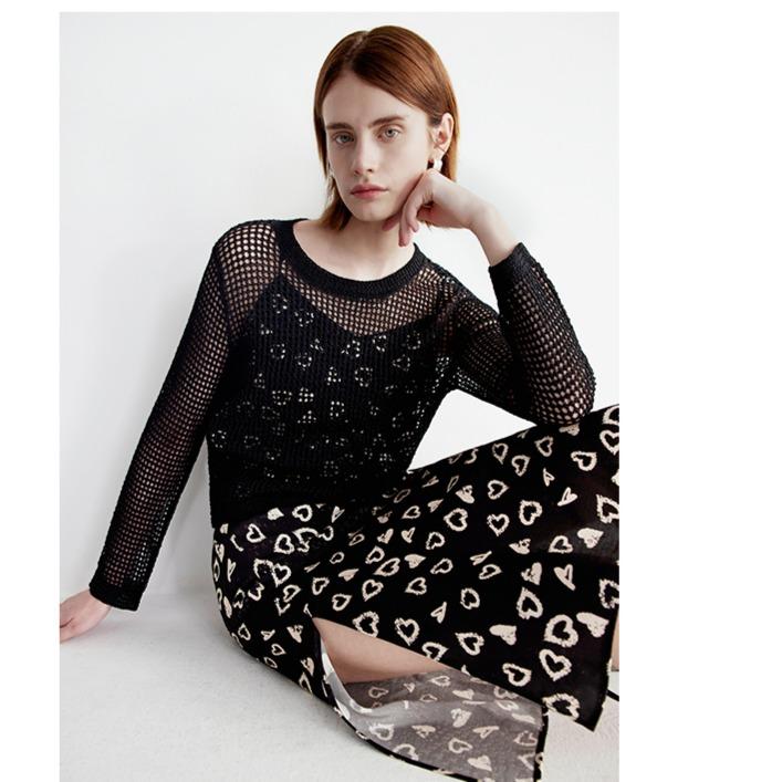 Ditto Mesh Hollow Knitted Women's Fashion Long Sleeve Top