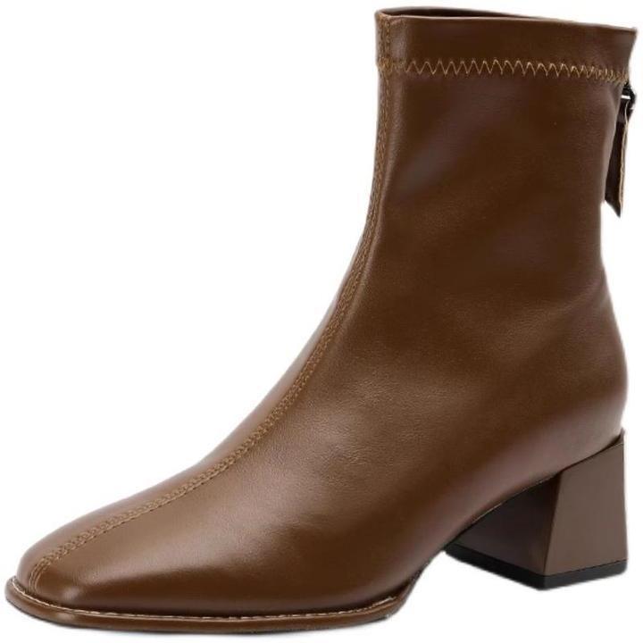 Giant Comfort Niche Square Head Extraordinary British Middle Heel Short Boots Brown Thick Heel Skinny Boots Women'S Bullet