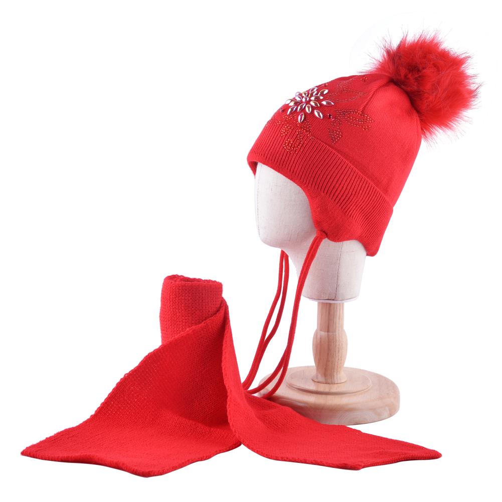 Зимняя шапка и шарф для девочек, теплая однотонная вязаная шапка, комплект с жемчугом, помпоном из искусственного меха, детская шапка