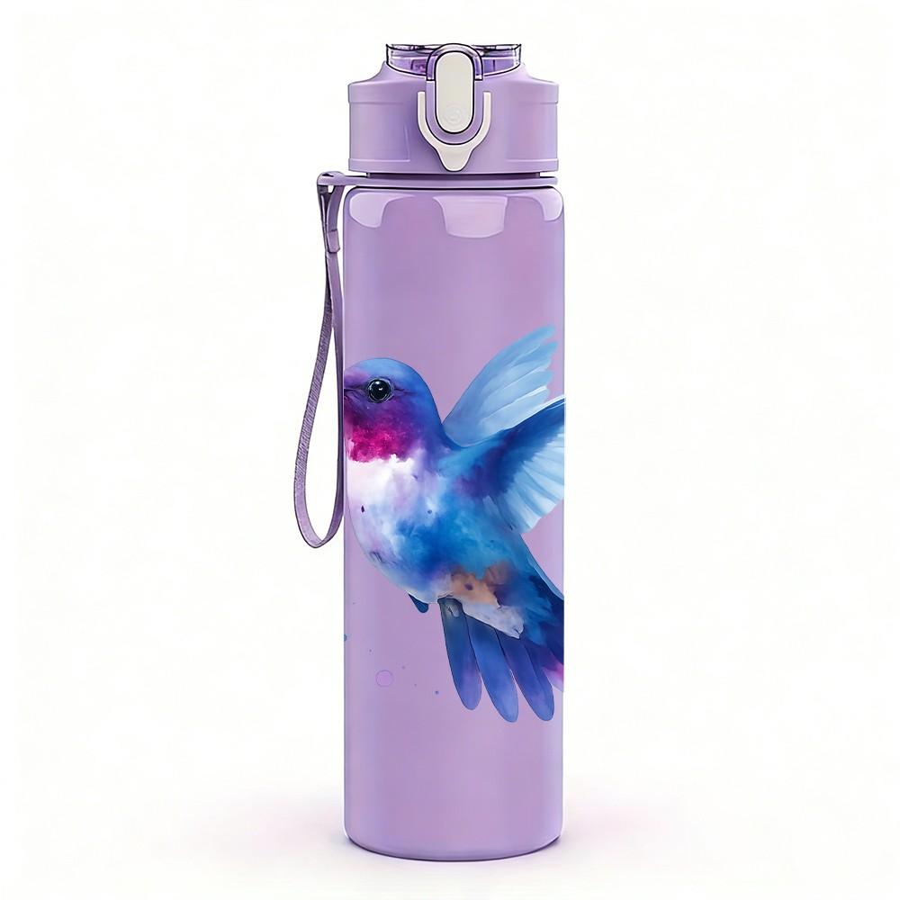 1PC Vibrant Hummingbird Illustration 750ml Color Plastic Sports Water Bottle Leakproof Flip Straw Lid Suitable for Sports Office Home Use
