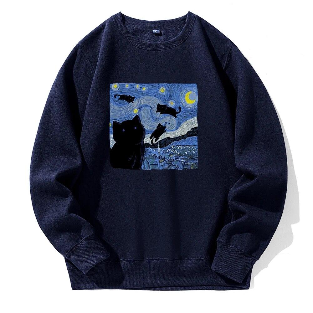 Картина маслом Черная кошка Звездная ночь Печать с капюшоном Унисекс Спортивная мода Новые толстовки с капюшоном из флиса Теплая толстовка Свободная толстовка большого размера