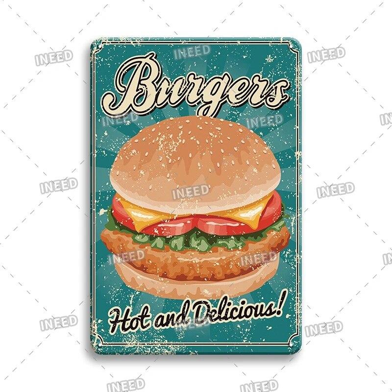 Mfoever Burger Sign Best In Town Beef BBQ Vintage Decor Hotdogs Kitchen Decorations Wall Plaque Retro Decor Vintage Food Sign