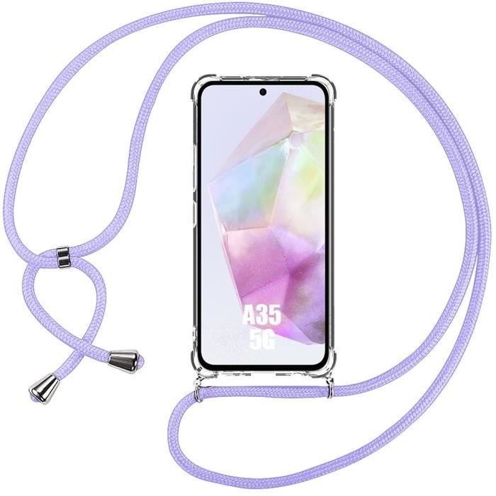 Coque pour Samsung Galaxy A35 5G - Coque Transparente - Protection Antichoc - Cordon Violet Ajustable