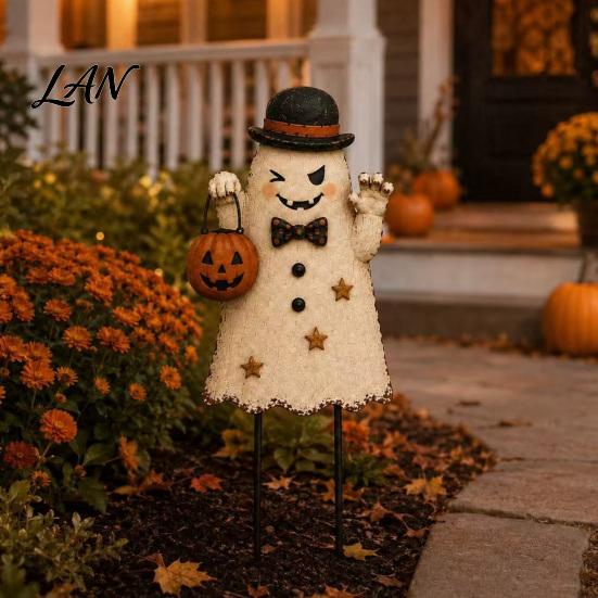 Spooky Pumpkin Yard Signs Halloween Cute Ghost Ground Stakes, Metal Art Sculpture with Pumpkin/Broomstick Elements for Outdoor Garden Stakes Lawn And