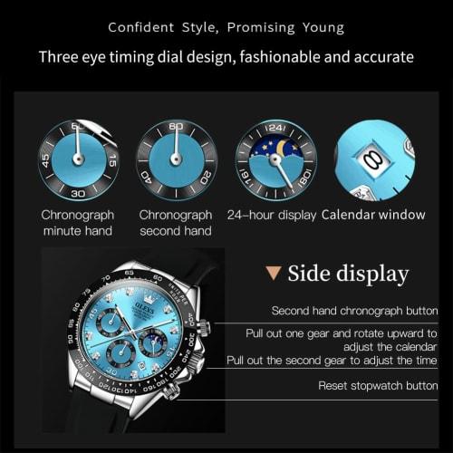 OLEVS Stylish Men's Watch Easy To Read Sports Popular Fashion Brand Japan Quartz Silicone Belt Chronograph Men's Watch Date Waterproof Business Blue A