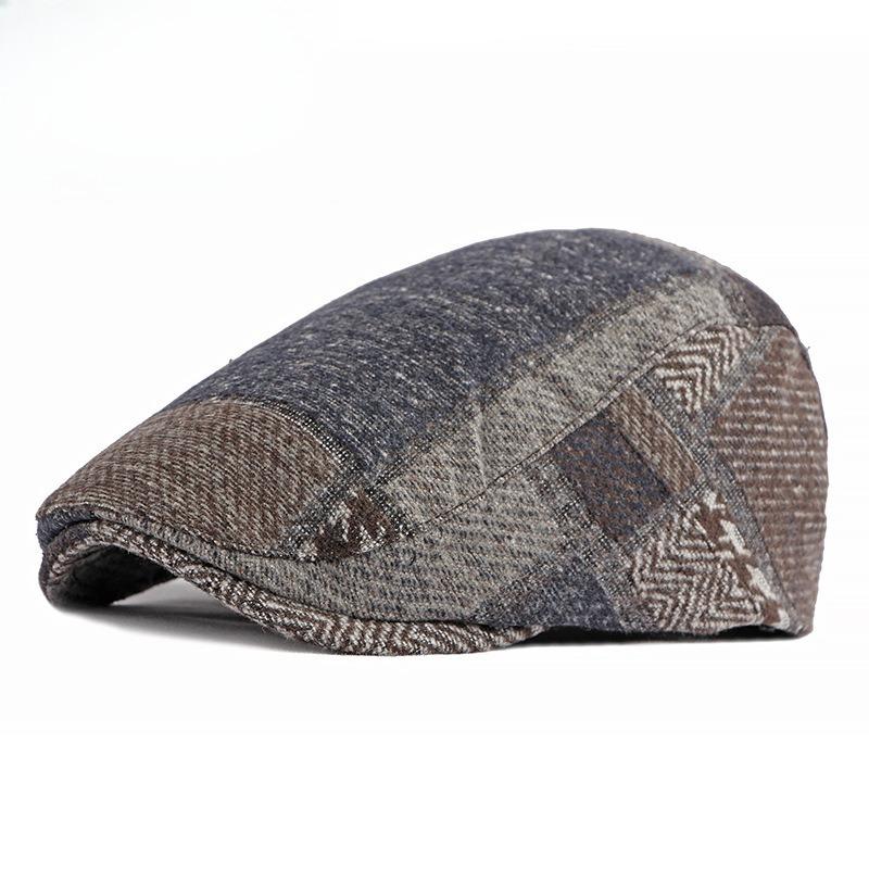 Unisex Woolen Patchwork Flat Cap Vintage Japanese Ivy Hat British Retro Herringbone Tweed Cabbie Newsboy Cap for Men and Women