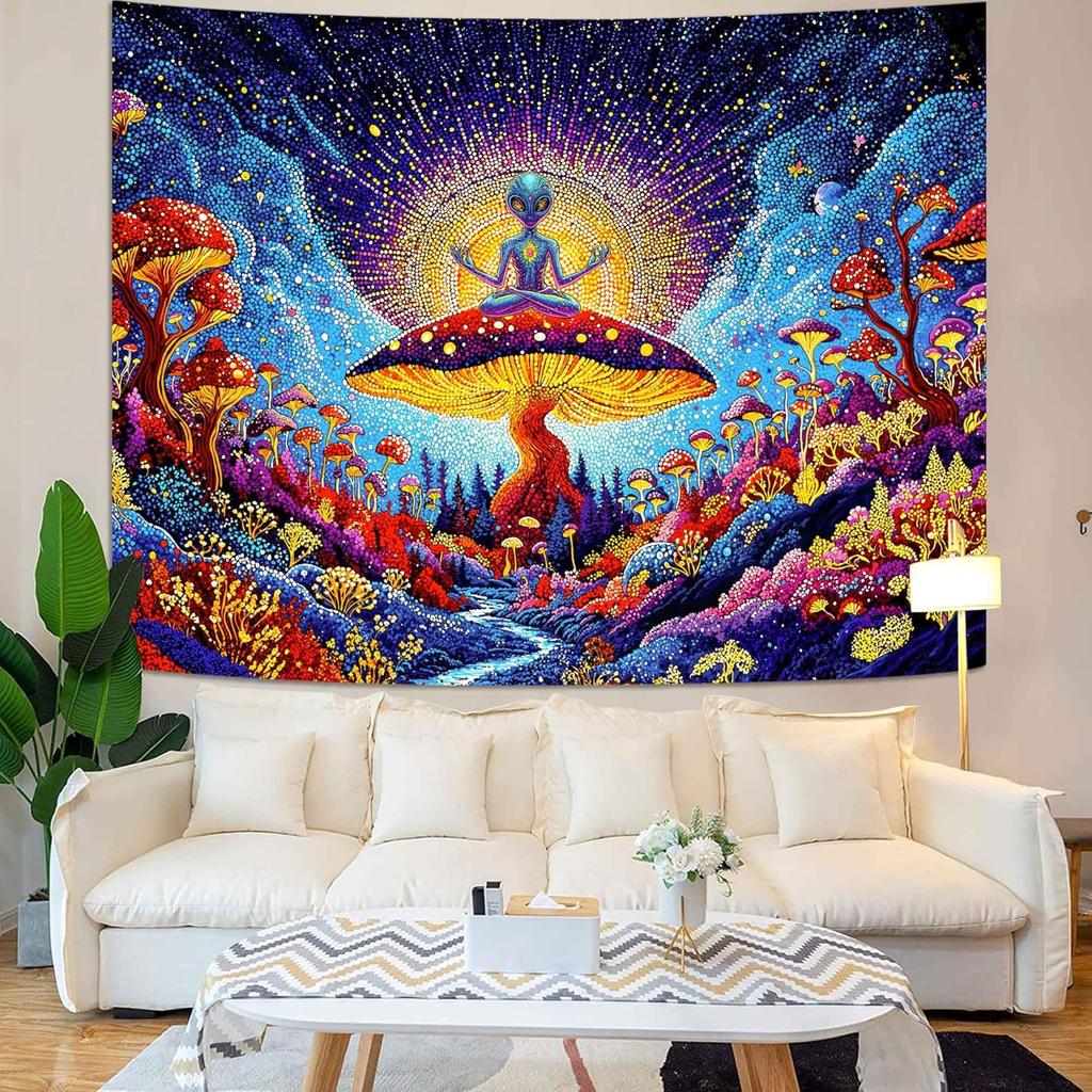 Yeoiat Meditating Alien Mushroom Tapestry Fantastic Wonderland Wall Hanging Aesthetic Decor for Bedroom Dorm Living Room, 60x44 Inch