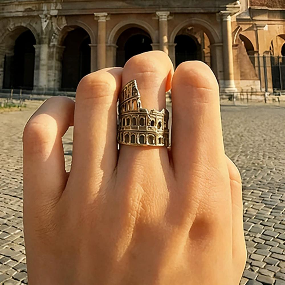 New Geometric Hollow Open Ring Unisex Trendy Unique Personalized Punk Ancient Roman Architectural Design Jewelry Gift