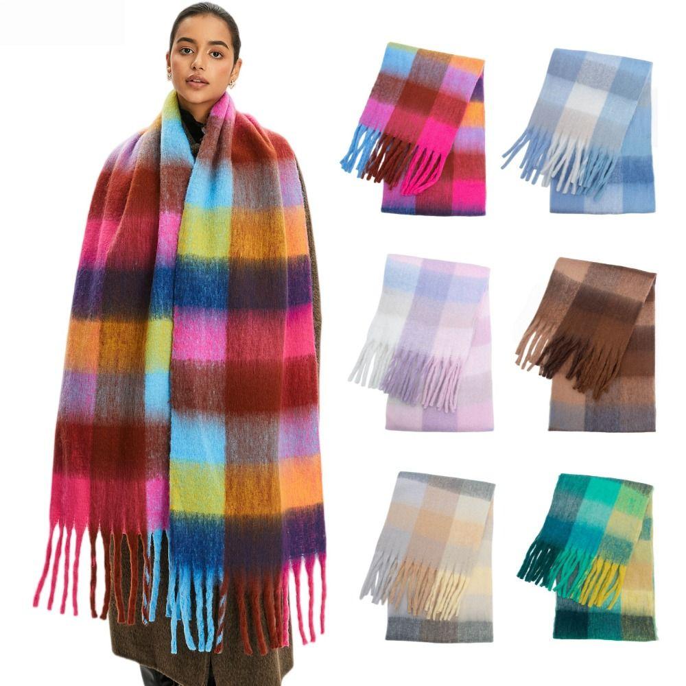 Plush Rainbow Tassel Shawl Long Winter Cashmere Scarves Elegant Warm Wraps Girl