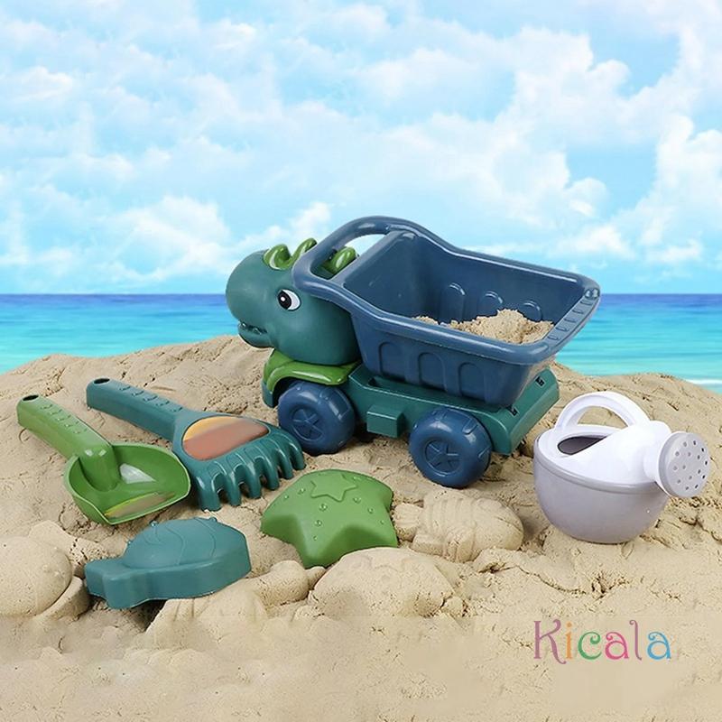 Пляжные игрушки динозавров Набор для песочницы Игрушки для копания песка на открытом воздухе Самосвал-динозавр с лопаткой, граблями, лейкой и формочками для песка