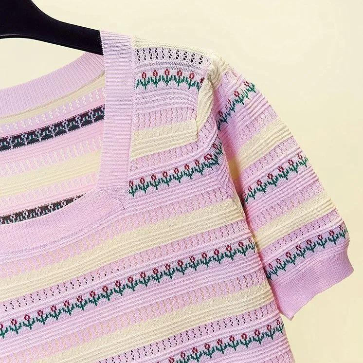 Women's Summer Thin Ice Silk Short-sleeved T-shirt Striped Square Neck Slim Thin Blouse