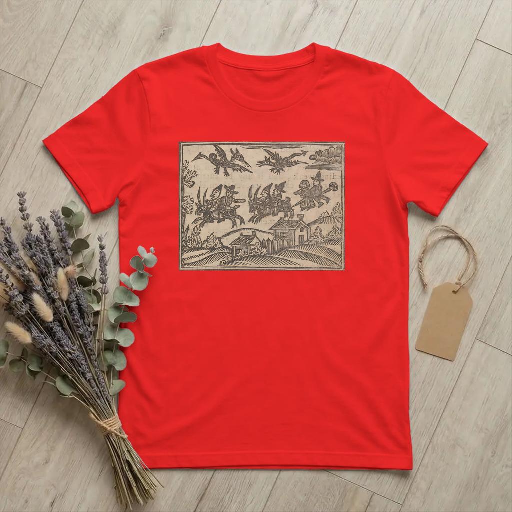 Funny 18th Century European Woodcut Prints TShirts Unisex O Neck Cotton T Shirt Flying Witches Short Sleeve Tee Plus Size merch