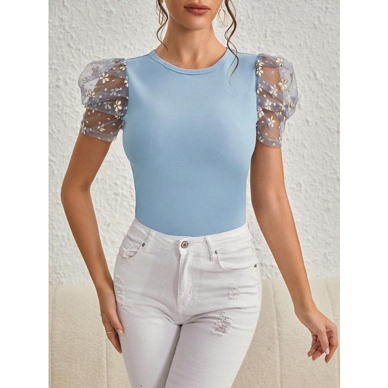 Женские модные повседневные летние весенние однотонные блузки и рубашки с короткими рукавами и круглым вырезом с принтом