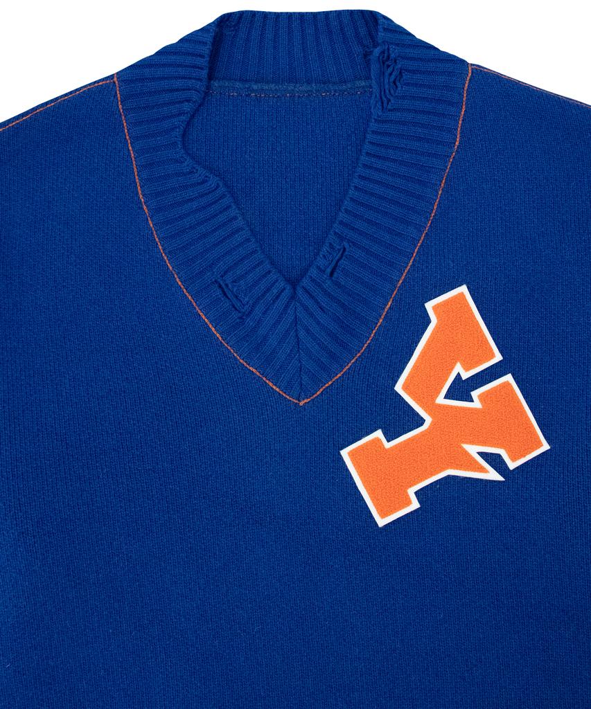 OHY Oversized Distressed Logo V-Neck Knit - Cobalt Blue