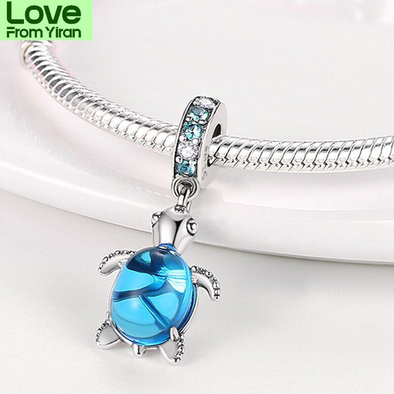 Summer Sterling Silver 925 Murano Glass Sea Turtle Dangle Charms Beads Fit Bracelets Women Diy Jewelry