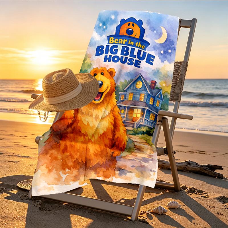 Bear in the Big Blue House Print Beach Towel Design, Soft, Lightweight. for Home Bathroom, Spa, Pool, Yoga, Surfing, Camping, Gift for Family, Friend