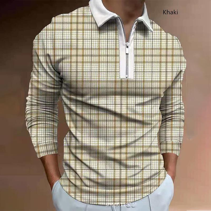 Business Men's Checkered Printed 3D Printed Zipper Long-sleeved POLO Shirt