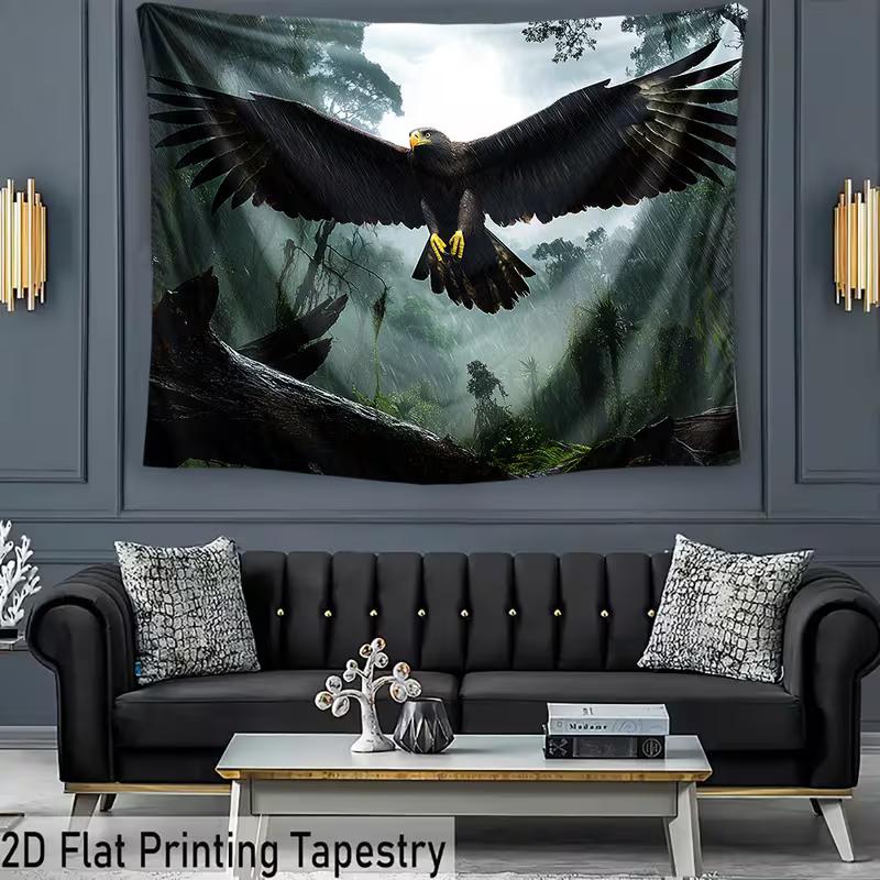 2D Eagle in Flight Tapestry Misty Rainforest with Falling Rain