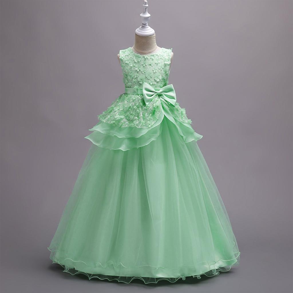 CUHK Girls' Dress Princess Dress Solid Color Flower Long Floor-length Evening Gown Puffy Princess Dress