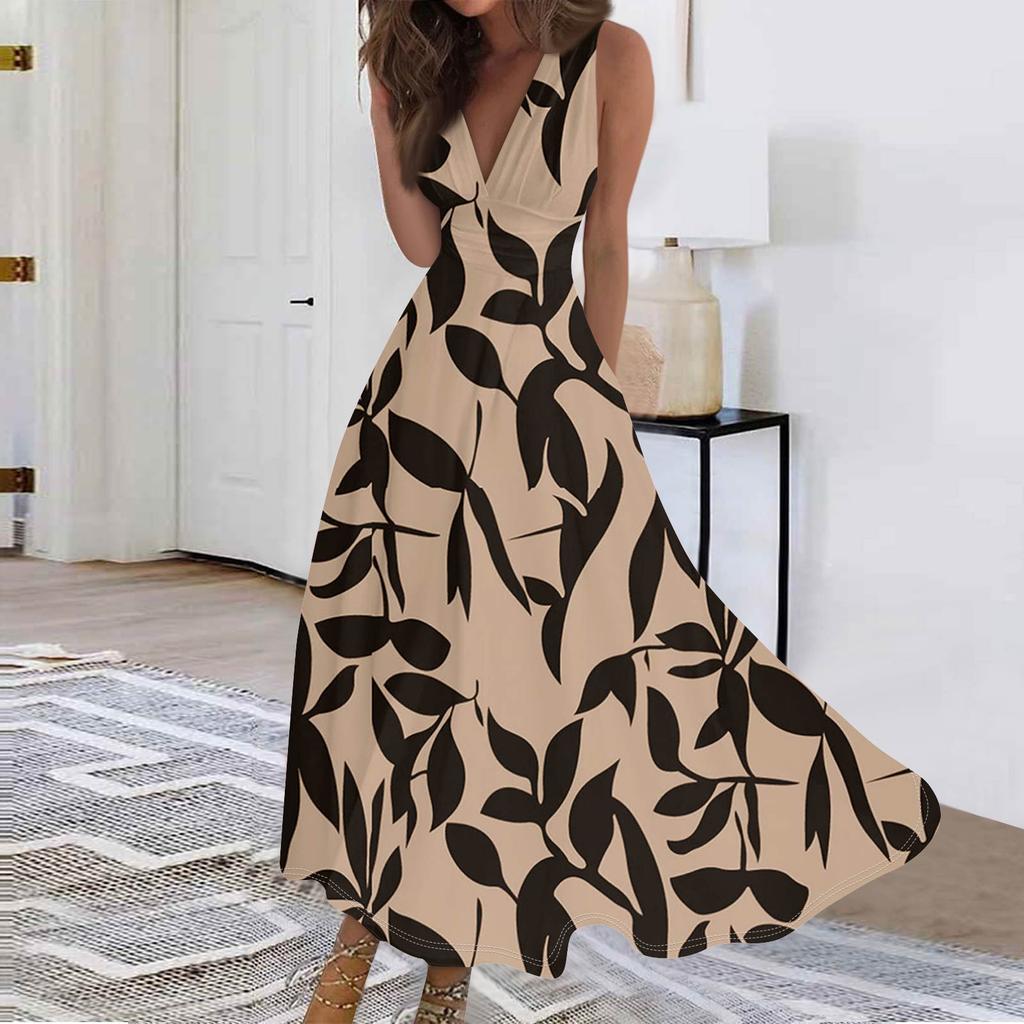 Женские модные повседневные свободные платья с V-образным вырезом без рукавов с принтом