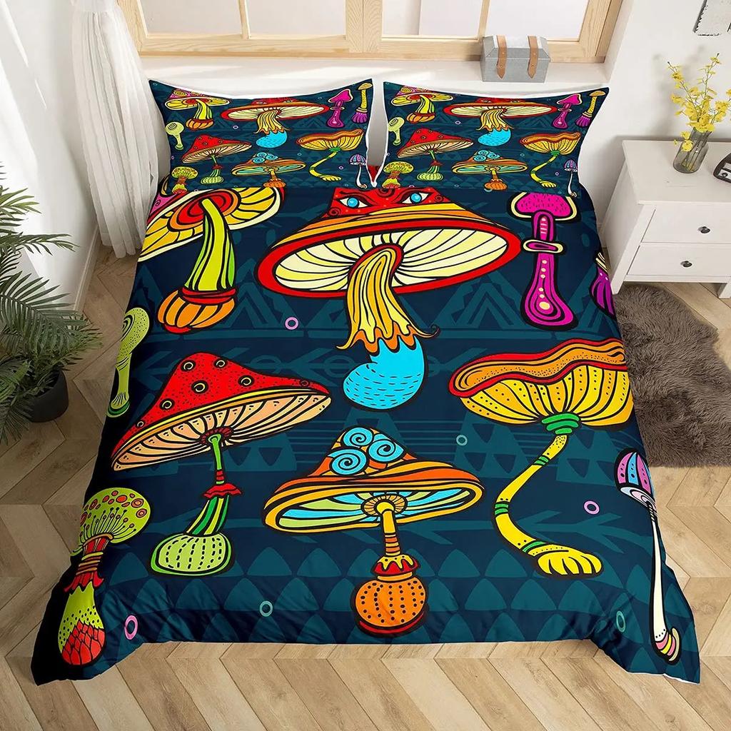 Mushroom Duvet Cover Set Burgundy Plant Fallen Leaves Bedding Set 2/3pcs For Boys Snail Print King Size Soft Comforter Cover