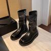 Height-increasing Leather Thick-soled Pleated Medium Tube Knight Boots Women's New Round Head Side Zipper Locomotive Short Boots