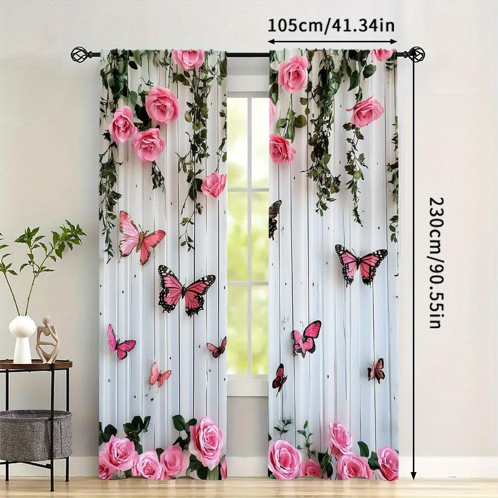 Butterfly and Rose Blackout Curtains 2pcs – Black Silhouette on Pink Floral Background, Romantic Bedroom or Living Room Decor