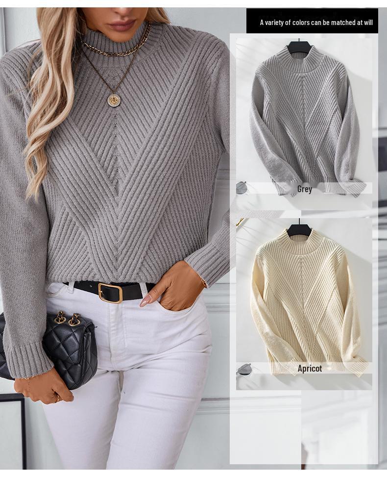Drizzle Solid Color Half Turtleneck Pullover Women's Sweater - Autumn/Winter European & American Style Long-Sleeved Knitted Top